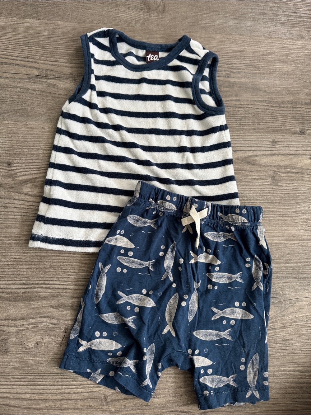 Tea Collection Navy & White Striped Tank with Navy Fish Print Shorts